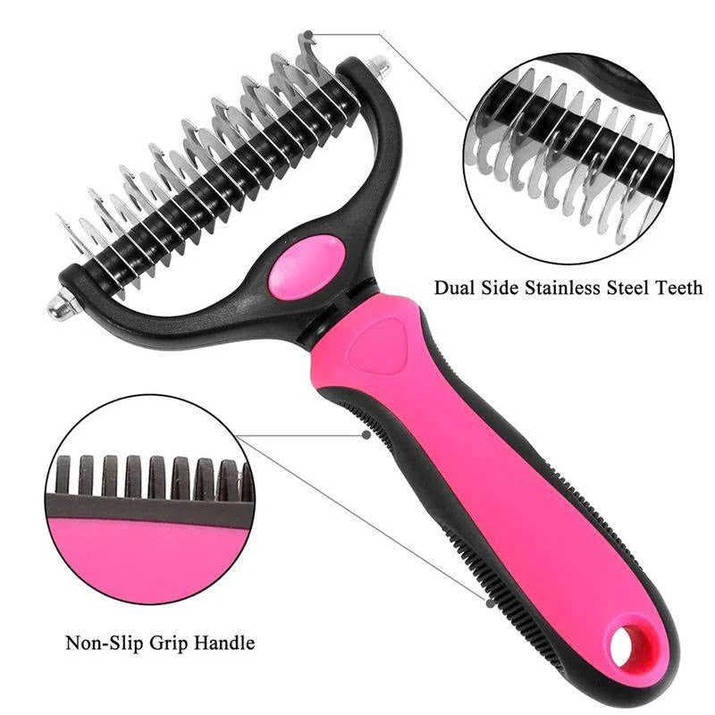 Double-sided pet hair detangling brush