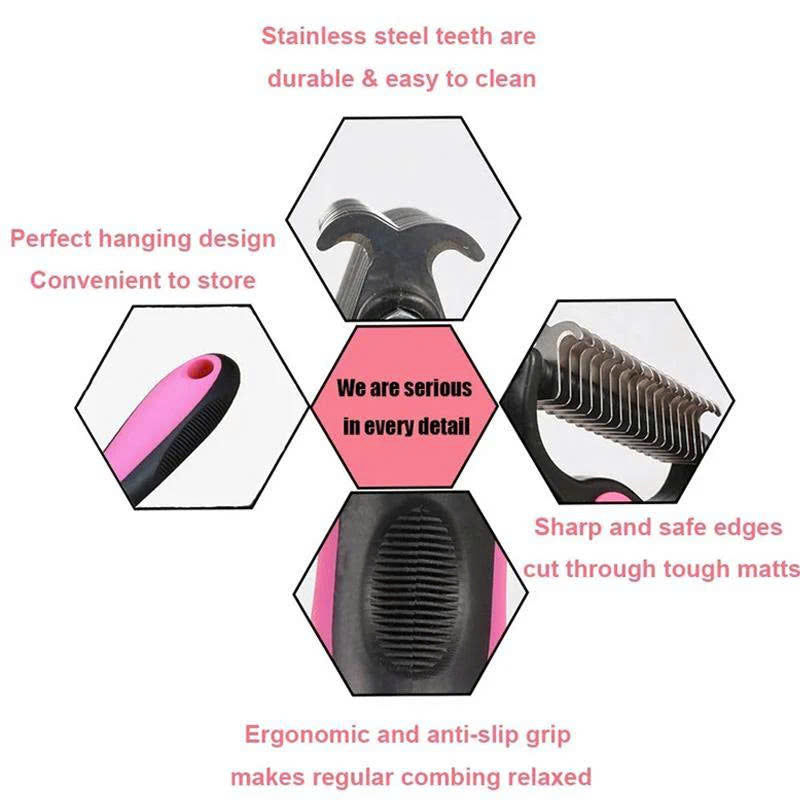 Double-sided pet hair detangling brush